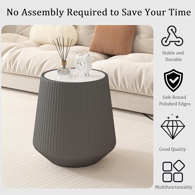 Round Coffee Table Set with Sintered Stone Tabletop, 26.77" White Drum Center Table and 19.68" Grey Coffee Table Set, 2 Pieces Living Room Table Set with Fluted PU Leather Cover& Stable Base