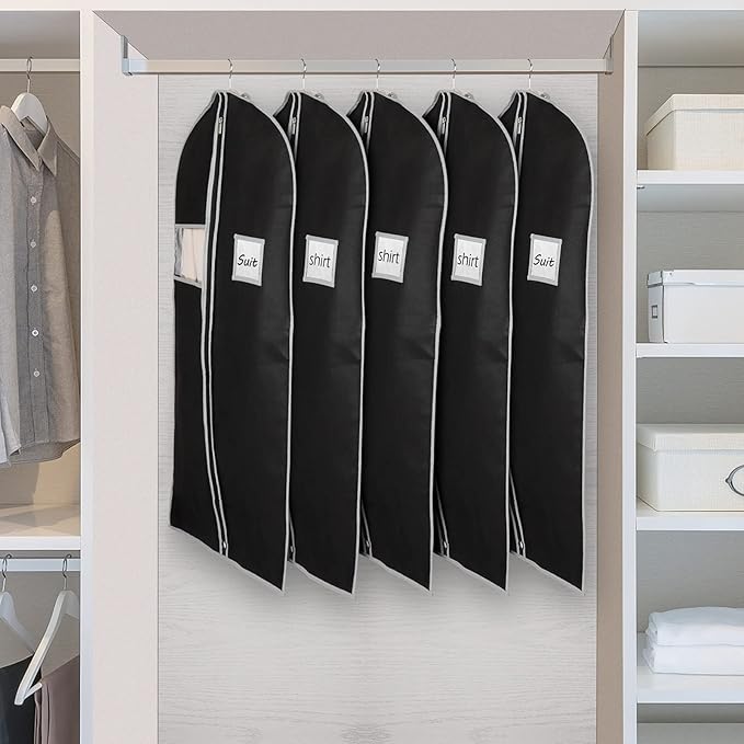 Syeeiex 40" Suit Bag, Set of 5 Garment Bags for Hanging Clothes, Suit Bags for Closet Storage, Garment Bags for Storage Suits,T-shirts, Jackets and Coats(Black & Grey)
