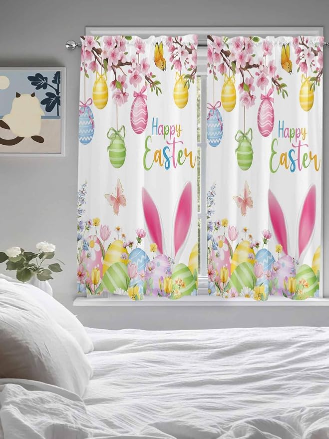 Happy Easter Bedroom Curtains 63 Inches length, Spring Watercolor Bunny Eggs