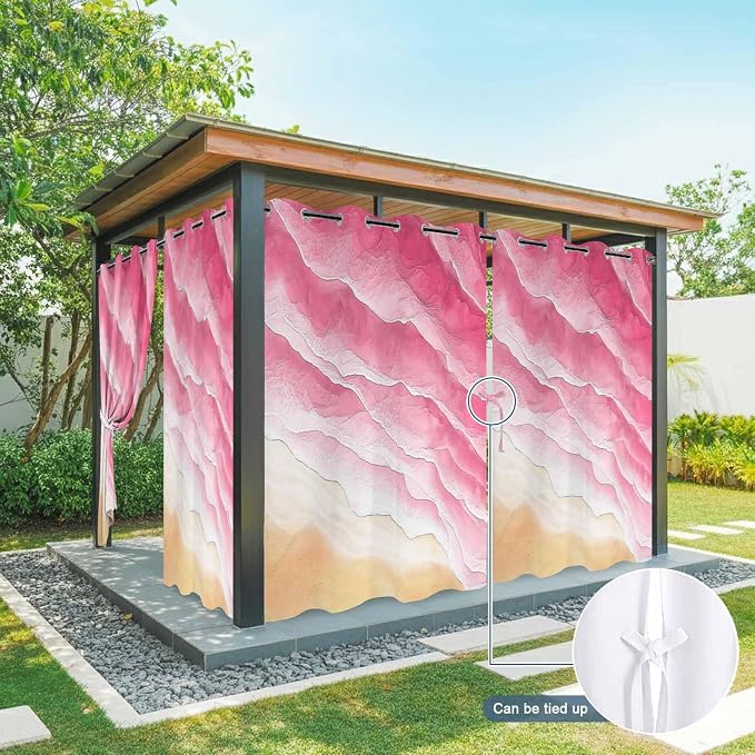 Ocean Outdoor Curtains for Patio Beach Waves Watercolor Abstract Gradient Pink