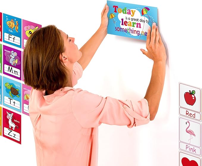 58 Pieces Educational Preschool Cards Kids Early Learning Poster Alphabet Number Colors and Shapes Bulletin Board Decoration Kindergarten Classroom Learning Card with Glue Point Dot (Rich Style)