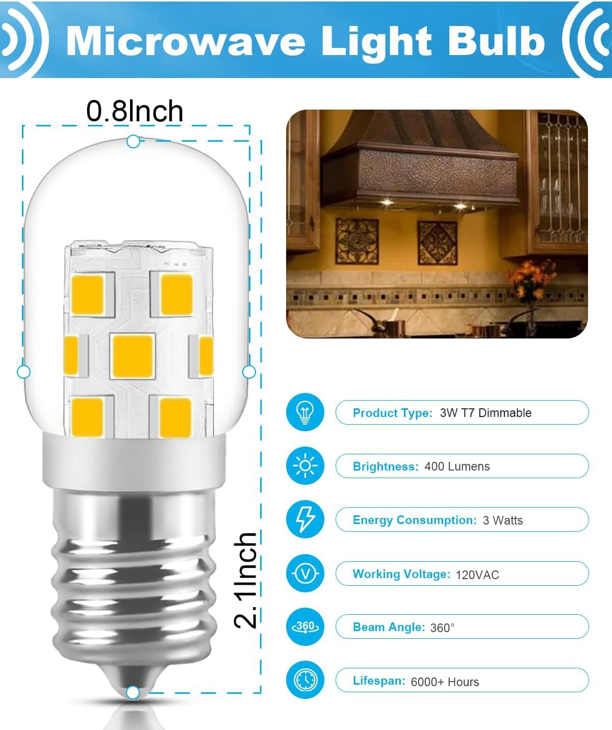 SerBion LED Microwave Light Bulb Under Hood 40W Equivalent-125V E17 Base for Whirlpool Microwave Light Bulb - 3W 400LM Dimmable Range Hood T7 Appliance Oven Light Bulbs, 2 Packs (2700K Warm White)