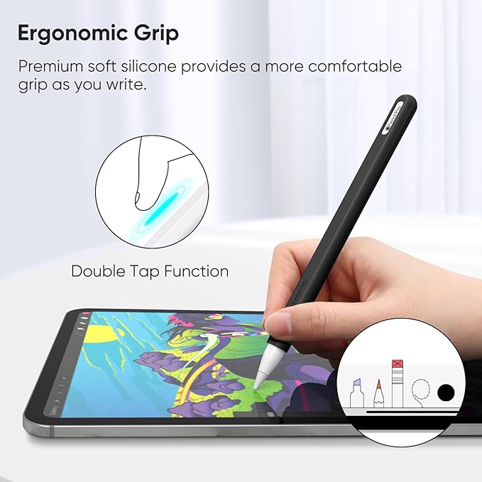 Fintie Silicone Sleeve for Apple Pencil Pro & Apple Pencil 2nd Generation, Light Pen Skin Case Cover Soft Protective Grip Holder with 2 Nib Covers Accessories, Black