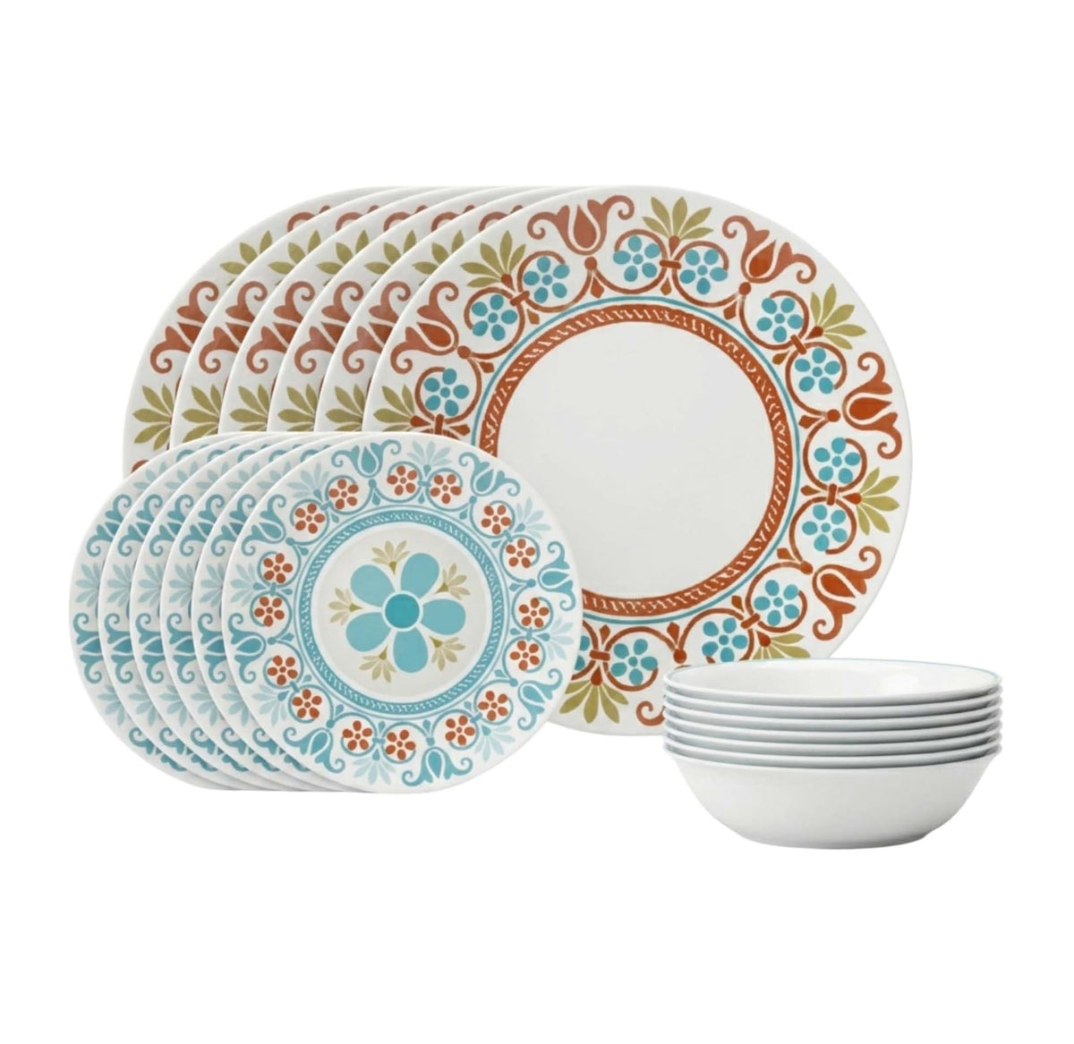 Corelle Vitrelle 18-Piece Service for 6 Dinnerware Set, Triple Layer Glass and Chip Resistant, Lightweight Round Plates and Bowls Set, Portofino