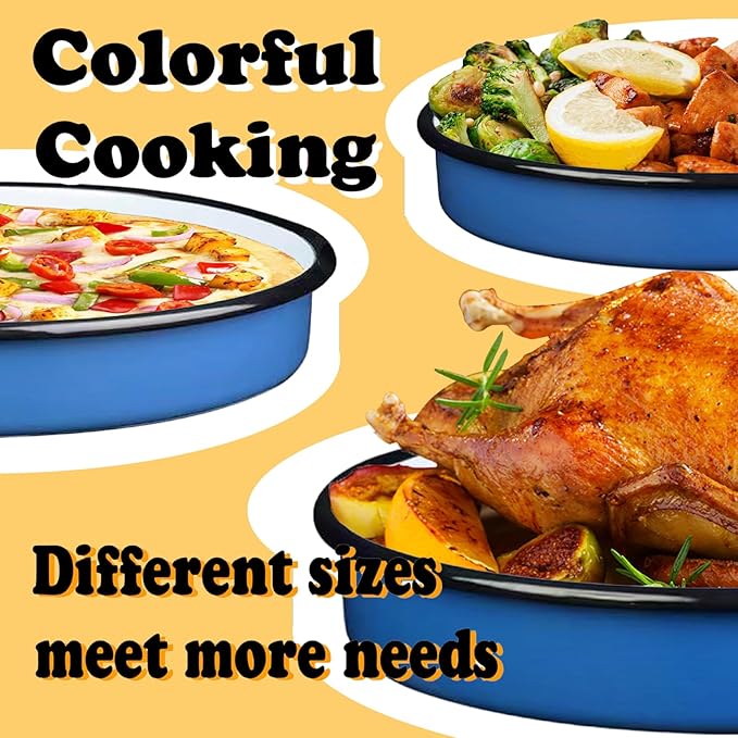 3-Pack Enamel Roasting & Baking Pan Set 10/12/14 Inch Round Cake Pans, High Temperature Resistant Baking Dishes for Turkey Pizza Casseroles Oven Bakeware PFOA & PTFE Free Ideal Gift for Mom - CookWare