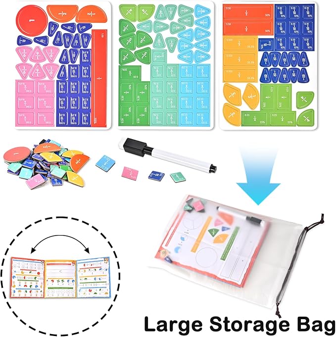 Magnetic Fraction Demonstration Book with Magnetic Fraction Tiles & Circles, Hands-On Fraction Manipulatives for Kids, Visual Math Learning Set for Classroom, Homeschool & Early Math Practice