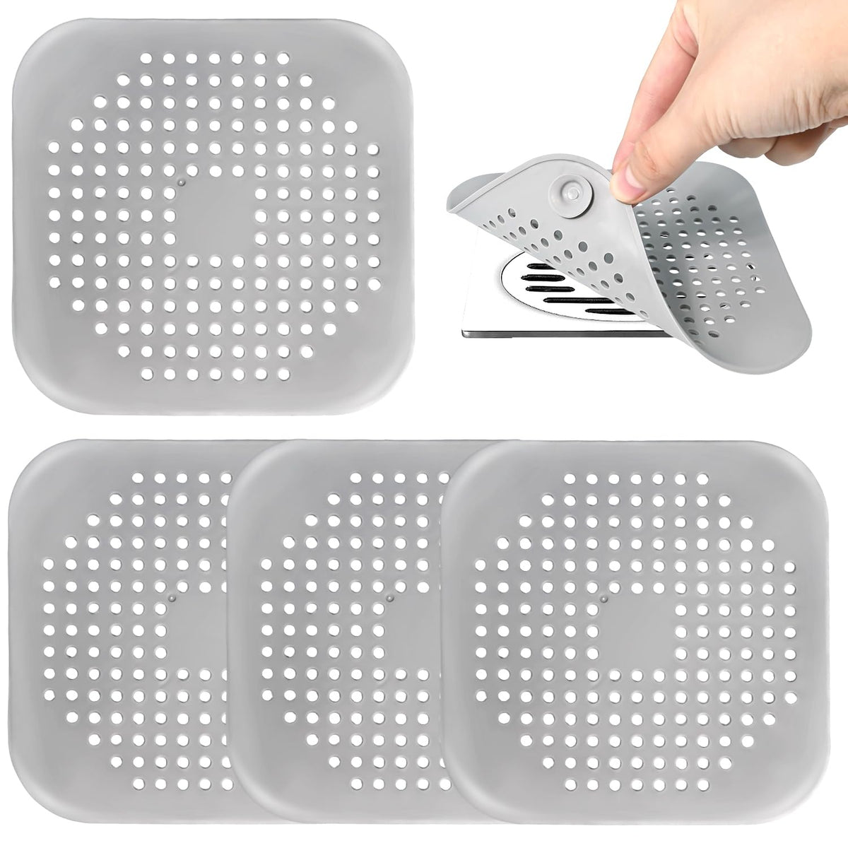4 Pack Shower Drain Hair Catcher, Silicone Hair Stopper with Suction Cup, Drain Strainer for Bathroom, Bathtub & Kitchen Sink - Grey