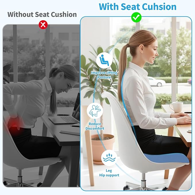 Large Seat Cushion, Memory Foam Cushion for Long Sitting Hours on Office Chair, Home & Car, Non-Slip Chair Pad for Relieving Back & Sciatica & Hip & Coccyx Pain (Light Blue)