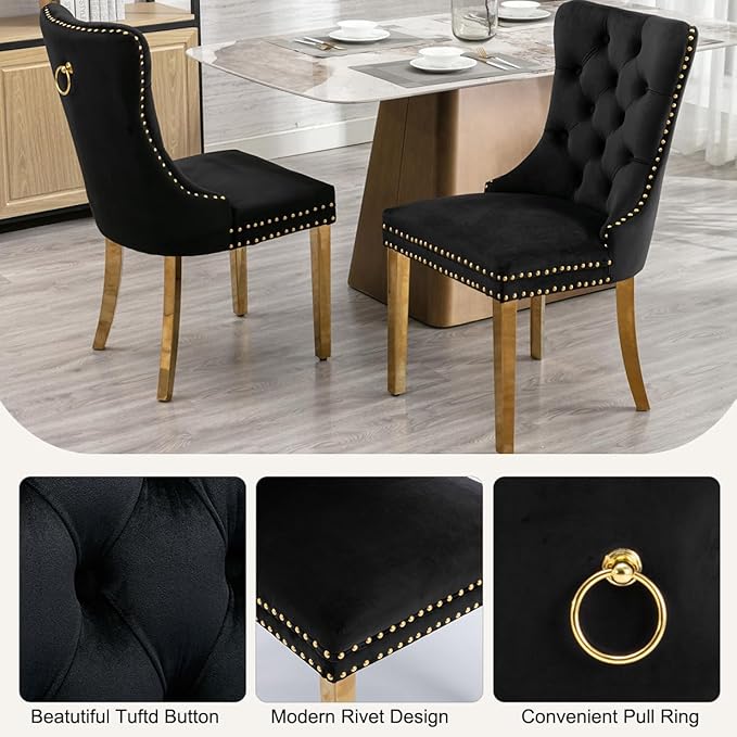 5-Piece Faux Marble Round Dining Table Set for 4, Modern Luxury Kitchen Table Set for 4 with Black Tufted Chairs,Circle Dining Tables with Pandora Grain Top and Bronze Pedestal Base
