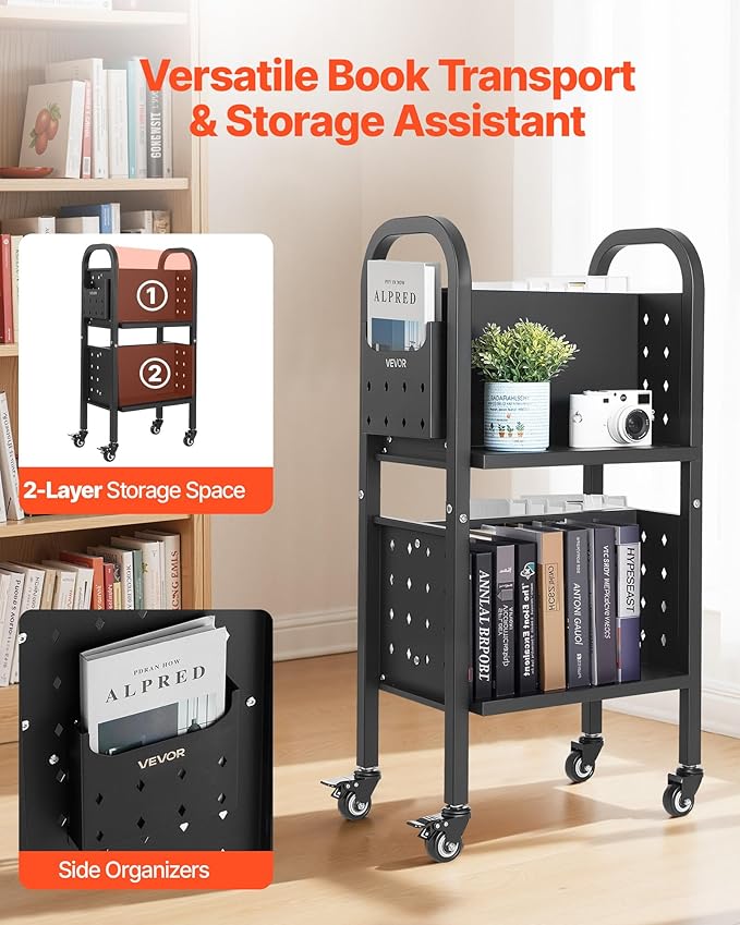 VEVOR Rolling Library Book Cart, 150 lbs Capacity, 17.7 x 13.0 x 34.6-Inch Library Cart, Double Sided L-Shaped Shelves with 2-Inch Lockable Wheels, Book Truck for Home Shelves Office and School, Black