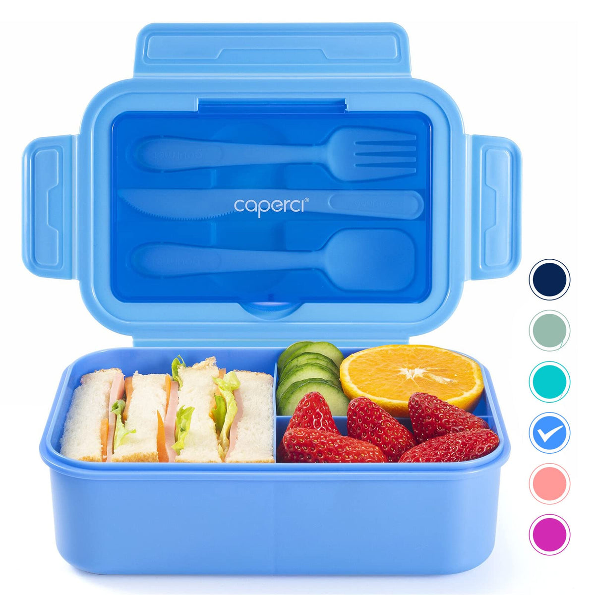 Caperci Classic Bento Lunch Box for Kids & Adults - Leakpoof 47oz Food Lunch Containers for Girls Women, 3-Compartment, Built-in Utensil Set, BPA-Free, Dishwasher/Microwave Safe (Vivid Orchid)