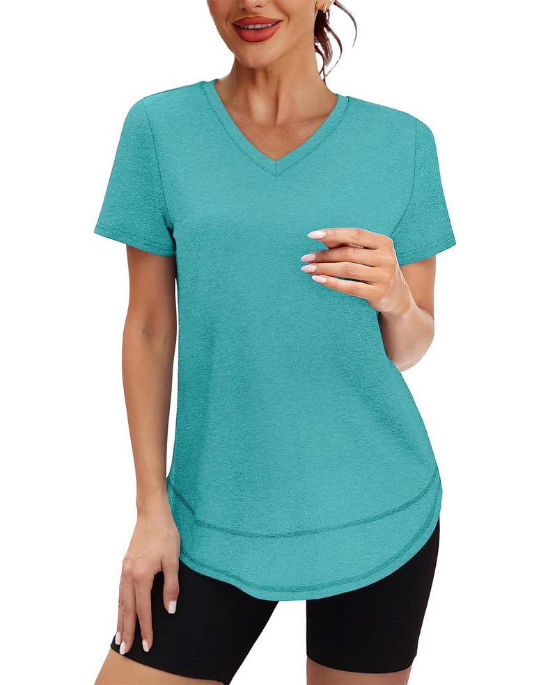Workout Tops for Women Spring Summer Short Sleeve Golf Outfits Gym Essentials Activewear Running Shirts V Neck Aqua S