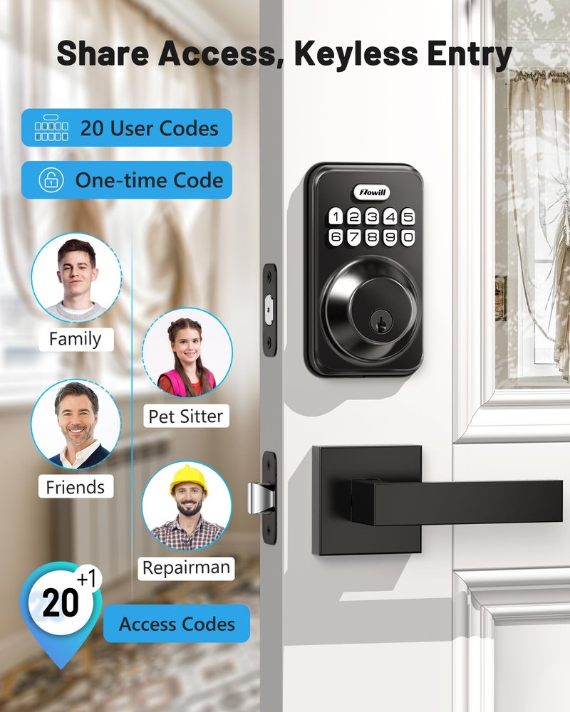 Zowill Keyless Entry Door Lock with 2 Lever Handles, Zowill Electronic Keypad Deadbolt, Auto-Locking, Anti-Peeping Password, Digital Code Door Lock, Front Door Handle Sets, Matte Black