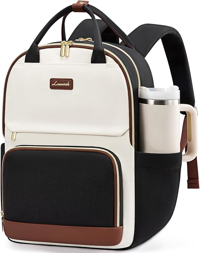 LOVEVOOK Laptop Backpack for Women with Giant Tumbler Holder Pocket, 17 inch Large Travel Work Backpack Purse for Teacher Nurse, Waterproof College Book Bag Cute Casual Daypack, Beige-Black-Brown