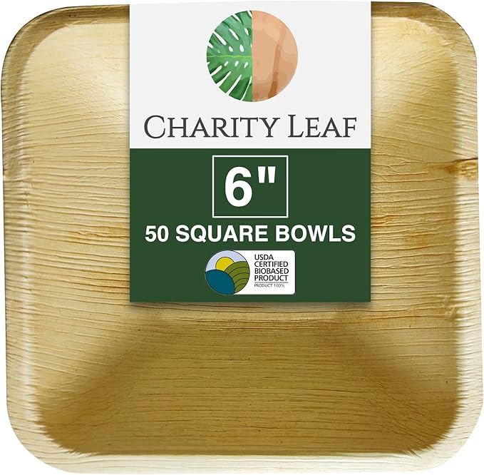 Charity Leaf Disposable Palm Leaf 6" Square Bowl (50 pcs) Dipping Bowls | Bamboo Like| All Natural and Biodegradable | Charcuterie Boards, BBQs, and Parties