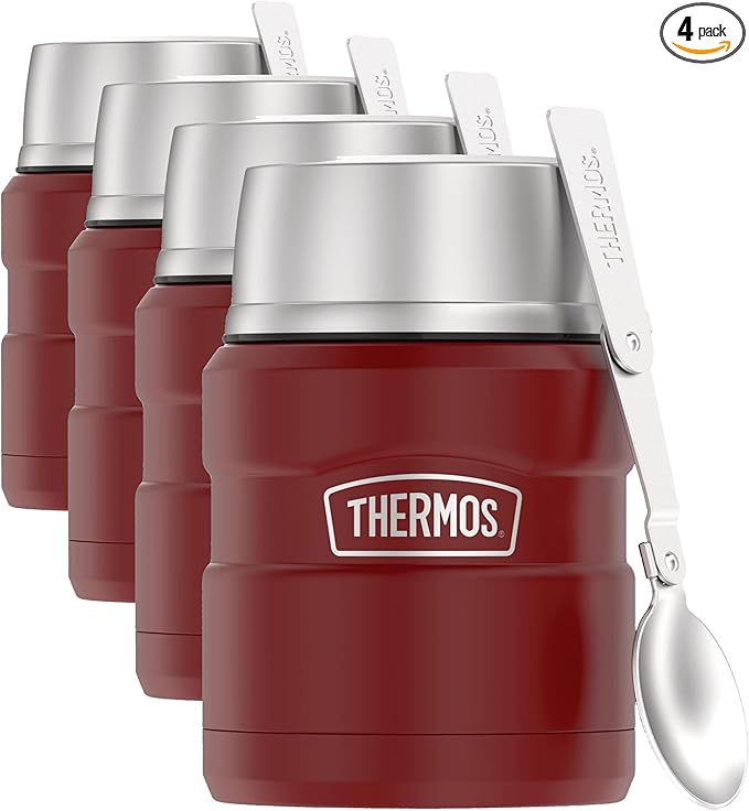 THERMOS Stainless King Vacuum-Insulated Food Jar with Spoon, 16 Ounce, Rustic Red (Pack of 4)
