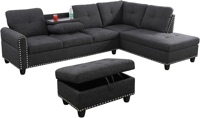 Large Storage Ottoman Sectional Sofa, L-Shaped Couch with Reversible Chaise, Space Saving Design, Gray Fabric with Accent Pillows. (Dark Gray)