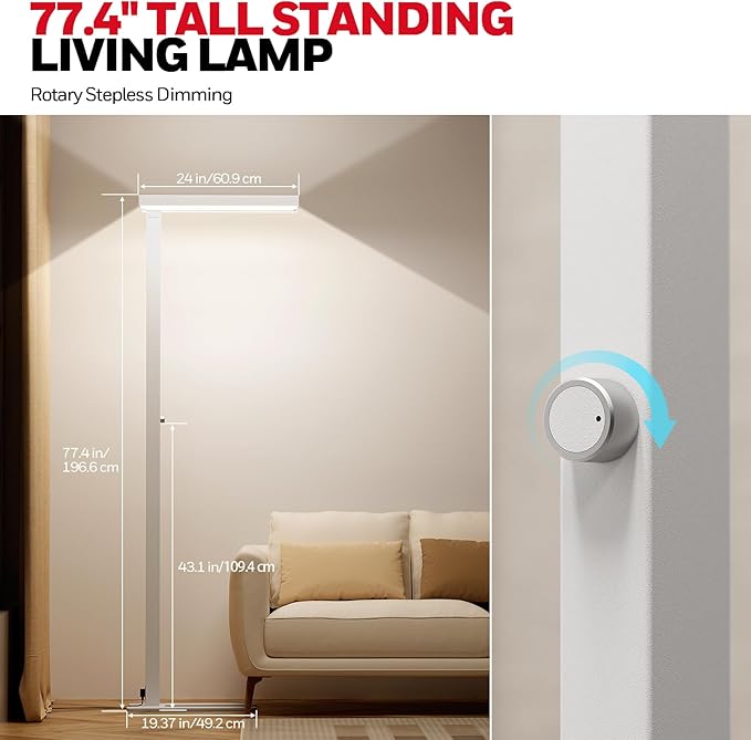 Honeywell 6000LM LED Floor Lamp, 02E Sunturalux Eye-Caring Reading Standing Light, 60W Modern Natural Daylight 4000K Dimmable 77" Tall Floor Lamps for Living Room Kids Study Home Office White