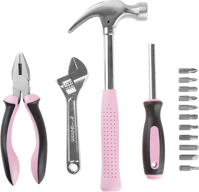 15-Piece Household Hand Tool Set with Carry Case – Tool Kit with Screwdrivers, Pliers, and Wrenches – Great for Home or Car by Stalwart (Pink)