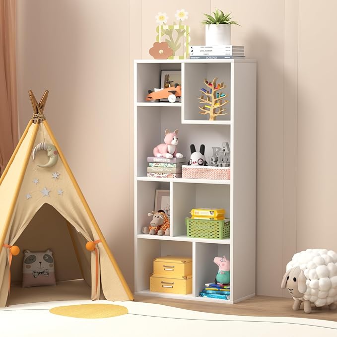 VECELO 42" Modern White Bookshelf, 7 Cube Organizer Bookcase,Fits Tallest Hardcovers, Horizontal Available,Floor Standing Display,Easy Assembly,White