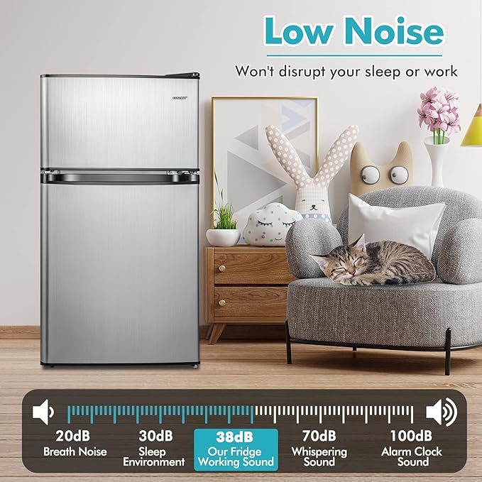 COSTWAY Compact Refrigerator, 3.2 Cu.Ft. Fridge Freezer Compartment with Reversible 2 Door, Adjustable Thermostat, Removable Glass Shelves, Mini Refrigerator for Bedroom Dorm Apartment, Silver