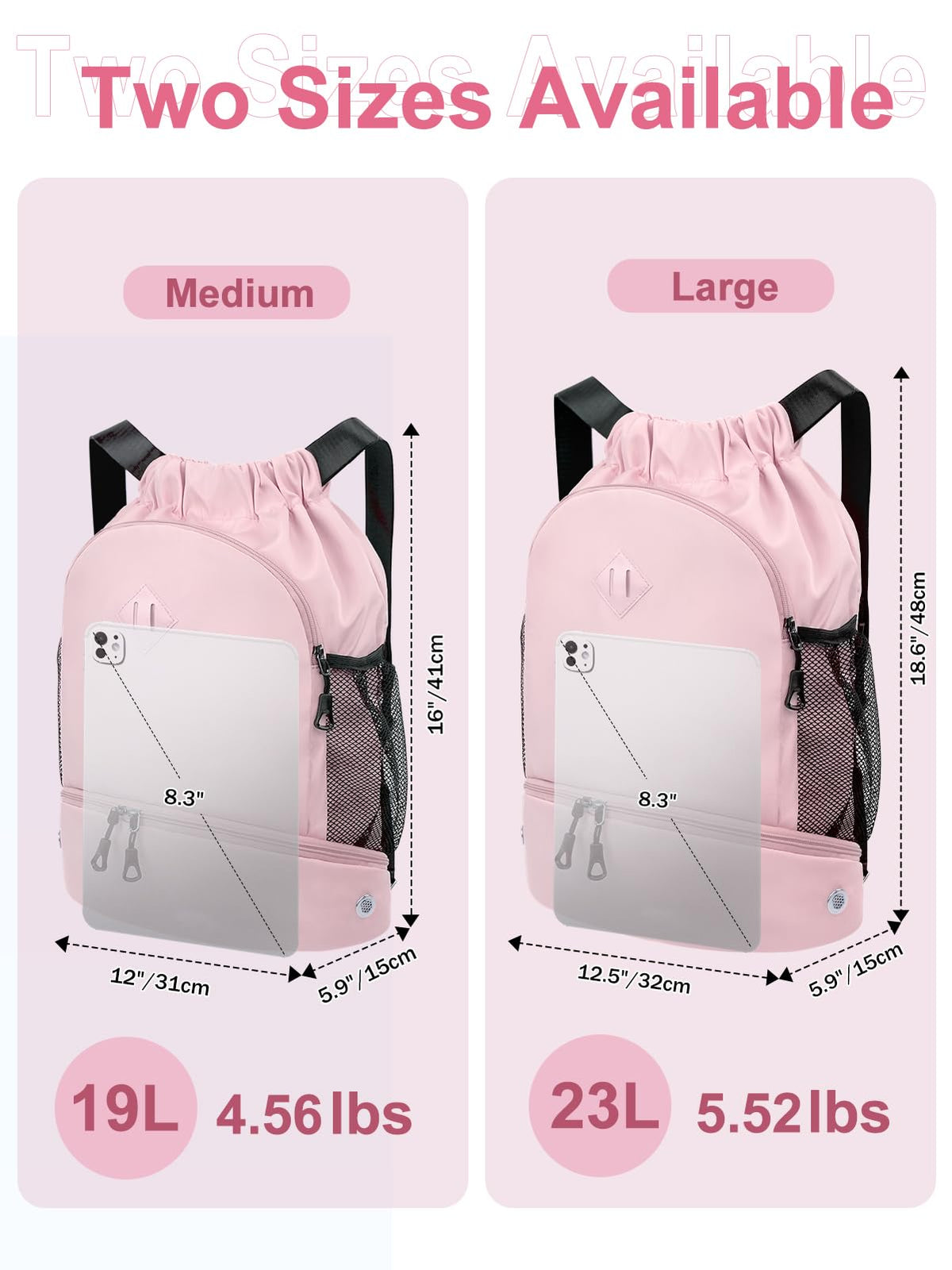 RHDZO Drawstring Backpack Gym Backpack with Shoe Compartment for Men Women String Sports Bag with Wet Pocket Cinch Swim Beach Bag, Large Pink