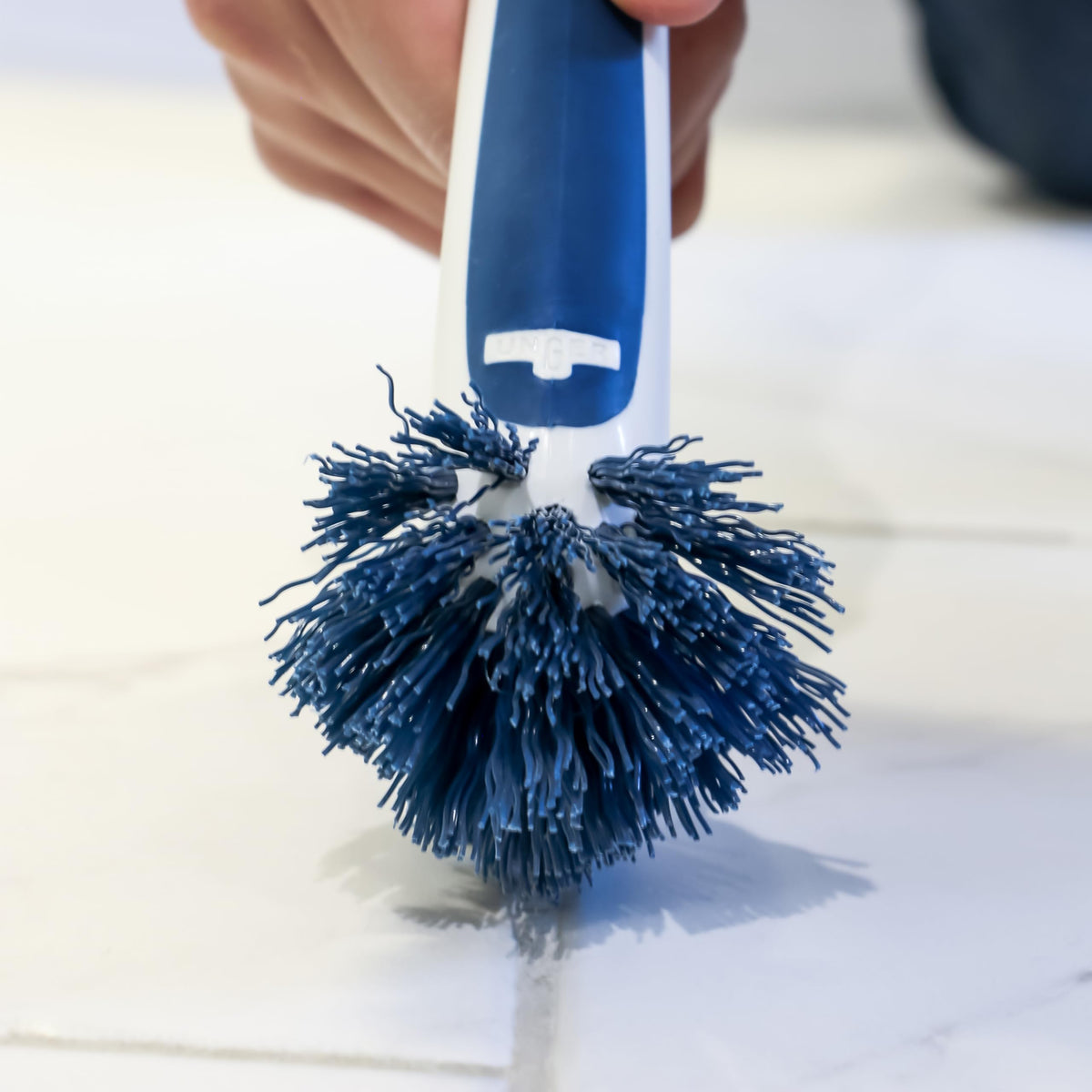 Unger 2-in-1 Grout and Corner Scrubber Brush Tool, Crevice Bathroom Cleaning Supplies for Showers, Door Tracks, Tile, and Bathtubs, Household 360-Degree Scrubbing Power