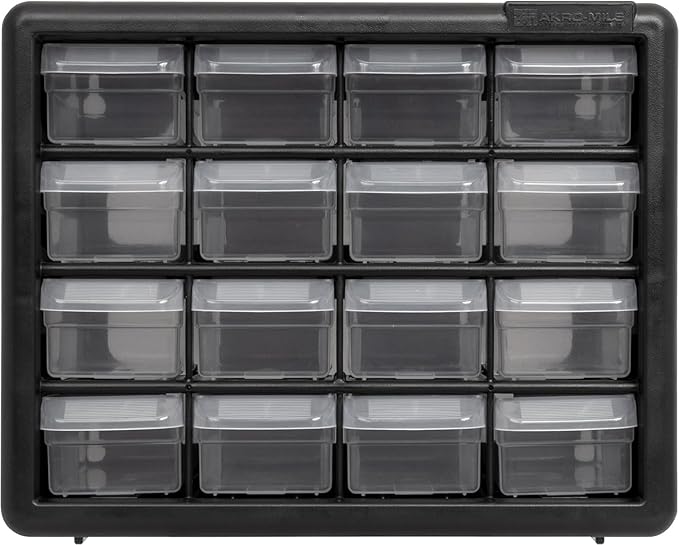 Akro-Mils 16-Drawer Plastic Cabinet for Garage Organization, Beads, Makeup Organizer, Building Bricks Storage, Teacher Toolbox, 10-1/2" W x 6-1/2" D x 8-1/2" H, 10716 Black (Pack of 4)