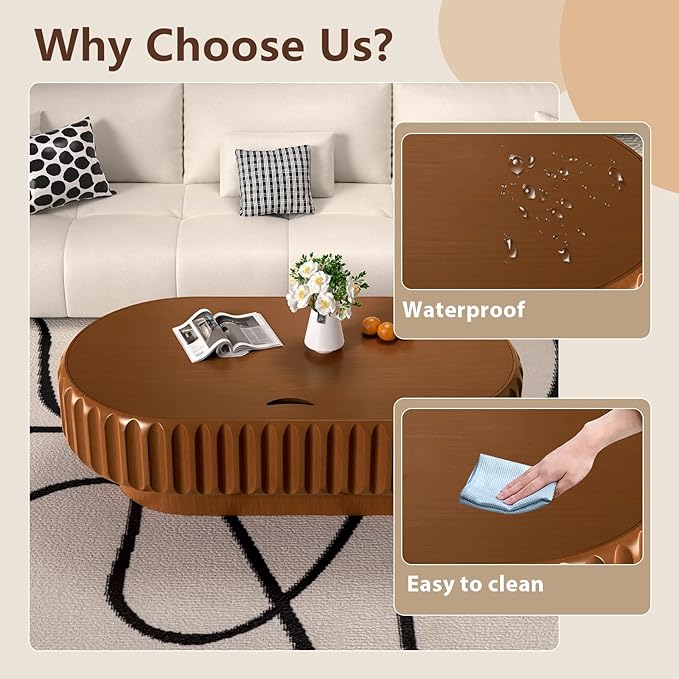 43.3" Oval Drum Coffee Table with Storage Modern Unique Fluted Tea Table Contemporary Wood Oval Coffee Table Centr Table for Living Room Apartment (Brown oval-43.3in)