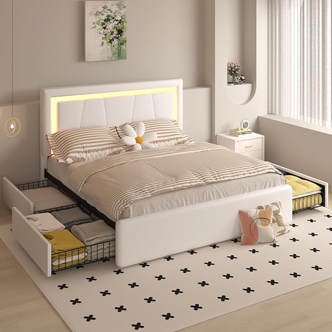 Full Bed Frame with 4 Storage Drawers and Adjustable Headboard, Upholstered Platform Bed with LED Lights and USB Ports, Solid Wooden Slats Support, Faux Leather, Easy Assembly, Beige