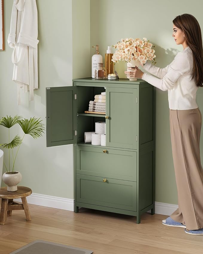 VASAGLE Bathroom Floor Storage Cabinet, Bathroom Storage Unit, Freestanding Cabinet with 2 Drawers and 2 Doors, Adjustable Shelf, 11.8 x 23.6 x 43.3 Inches, Forest Green UBBC551C01