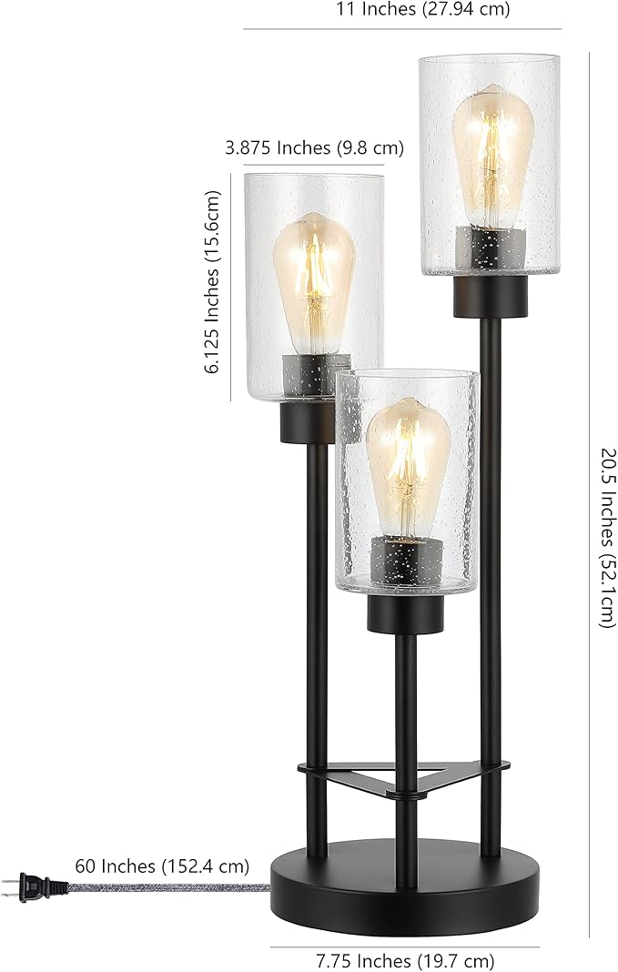 JONATHAN Y 20.5" Black 3-Light Modern Industrial Iron Table Lamp, Farmhouse Bedside Lamp with Seeded Glass Shades for Bedroom, Living Room, UL Listed, LED Bulbs Included JYL3084A