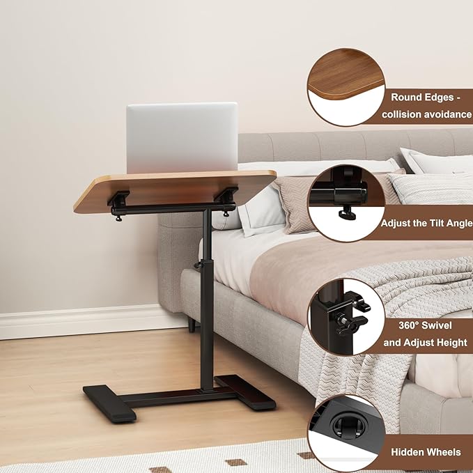 Adjustable Height C Shaped Side Table,360°Swivel Overbed Table,Top Tilting Laptop Stand Table with Hidden Wheels,Mobile Couch End Tables that Slide under,Rolling TV Coffee Table for Sofa/Bed (wood)