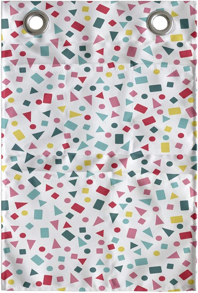 Ambesonne Geometric Hanging Pocket Organizer, Layout of Scattered Geometric Mini Colorful Shapes on a Plain Background, Printed Polyester Storage Bag with Pockets, 14" x 20", White Multicolor