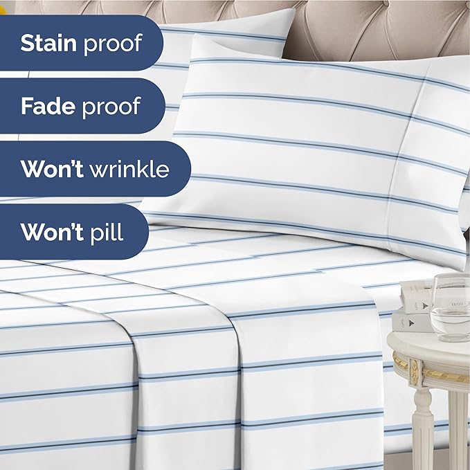 Striped Sheets - Blue & White Striped Sheets - 1 Flat & 1 Fitted & 1 Pillowcase w/ Deep Pockets – Wrinkle & Fade Free- Soft, Breathable and Cooling - Twin XL Size Bed Set – Luxury Pinstripe Bed Set