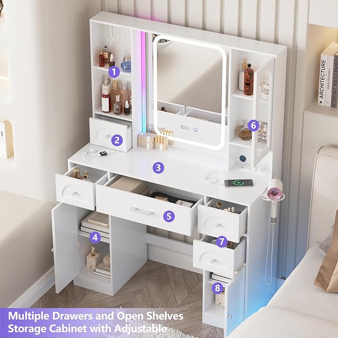 Fameill White Vanity Desk with Mirror,Makeup Vanity with RGB Lights & Power Strip,Makeup Desk Vanity Table with 5 Drawers Lots Storage & Time Display,3 Lighting Modes LED Lighted Mirror,41.3in(L)