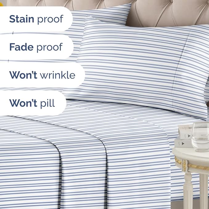 Blue and White Striped Sheets - 1 Flat & 1 Fitted Sheet & 2 Pillowcases w/ Deep Pockets - Comfy, Wrinkle & Fade Resistant - Ultra-Soft, Breathable & Cooling - Luxury Pinstripe Bedding - Full Size