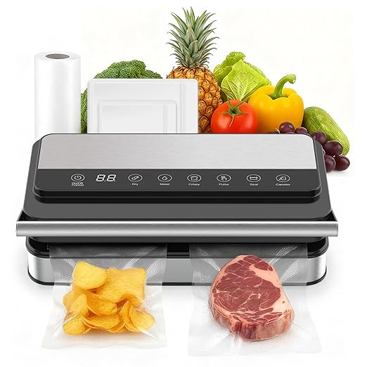 Paporia 10-In-1 Vacuum Food Sealer Machine, 85Kpa 200W Automatic Food Sealer, Low Noise Food Vacuum Saver with Sealer Bags, Roll, Build-in Cutter, Handheld and Compact Design with Digital Timer