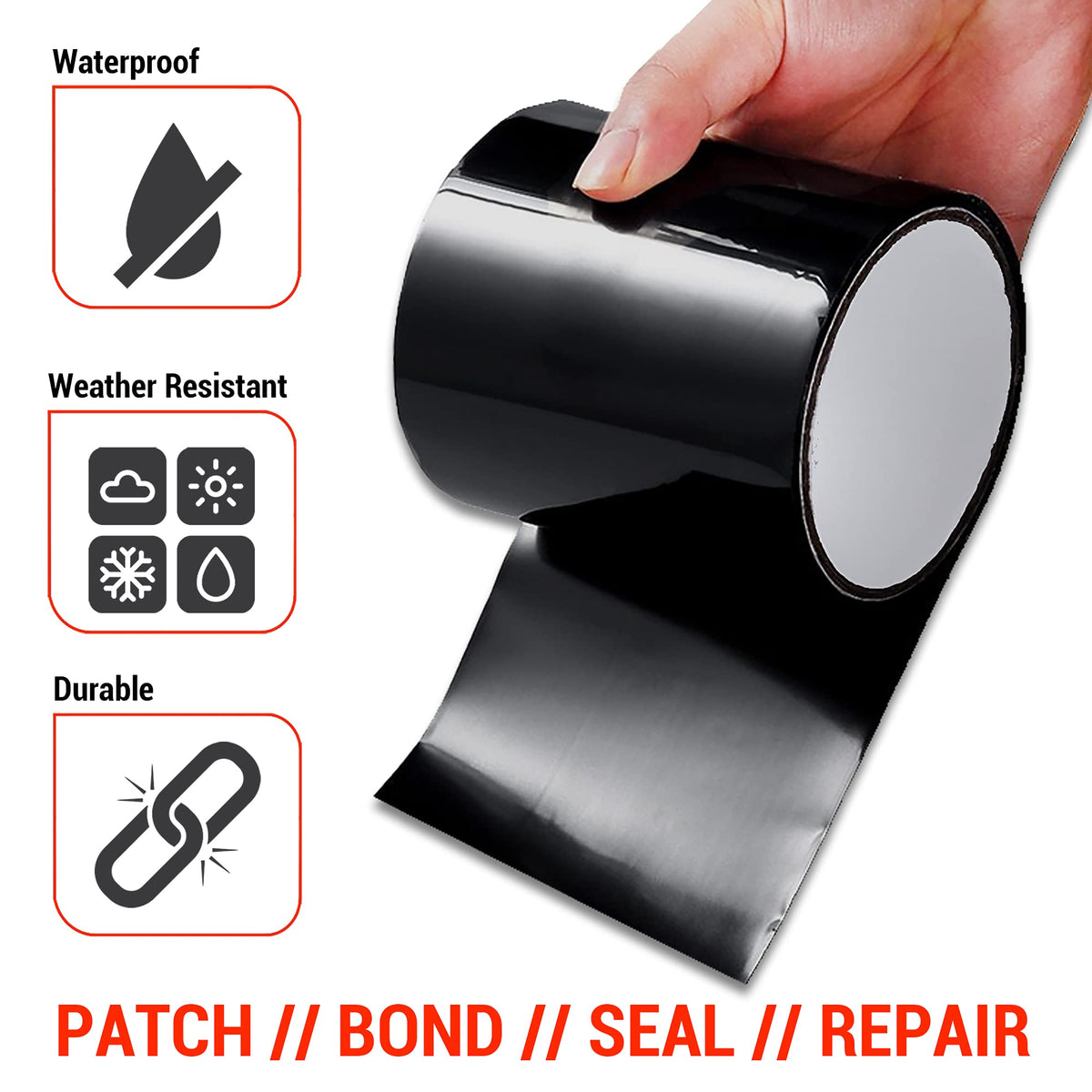 CANOPUS Patch and Seal Tape, Waterproof Tape for Indoor & Outdoor Use, Heavy Duty Thick Rubberized Repair Tape, Fix Leaks on Hoses, Pipes, Gutters, Roofs, Boats, Pools, 4" x 5' Black