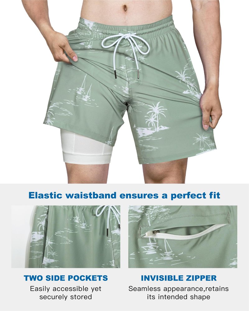 SURF CUZ Mens Swim Trunks with Compression Liner Quick Dry Swim Shorts 7" Swimming Trunks Stretch Bathing Suit 7 Inch,Coconut Island,XXL