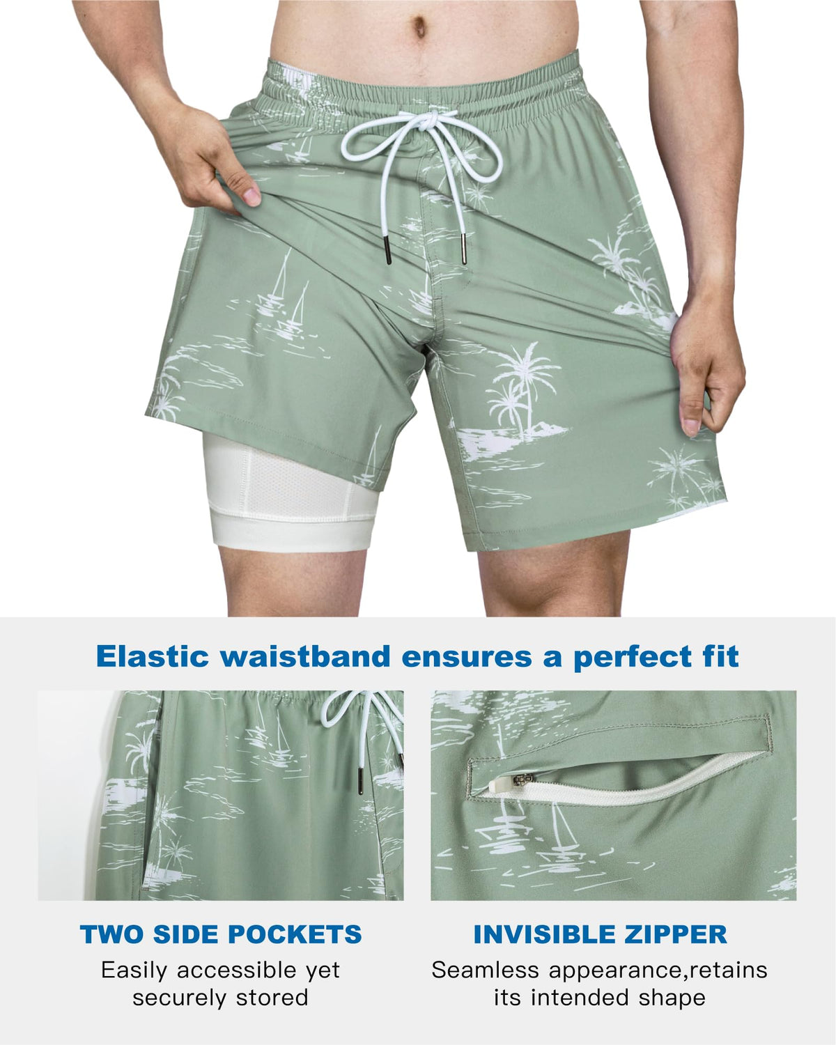 SURF CUZ Mens Swim Trunks with Compression Liner Quick Dry Swim Shorts 7" Swimming Trunks Stretch Bathing Suit 7 Inch,Coconut Island,S