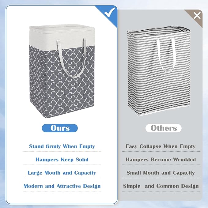 BlissTotes 3-Pack Laundry Basket, Freestanding＆Waterproof Laundry Hamper, Collapsible Tall Clothes Hamper with Easy Carry Handles for Clothes, Towels in the Family and Dorm,Clover Grey,75L