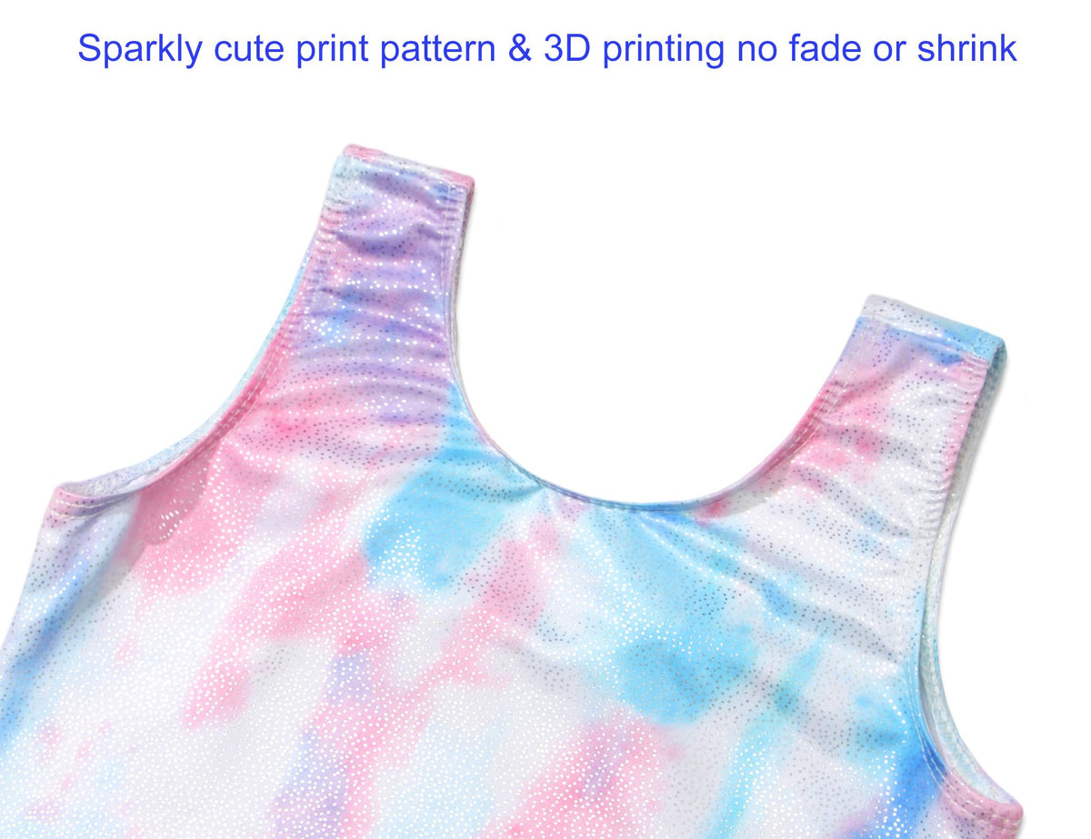 Domusgo Leotard for Girls Gymnastics Size 5-6 Years Old Glitter White Tie Dye One Piece Biketard with Shorts