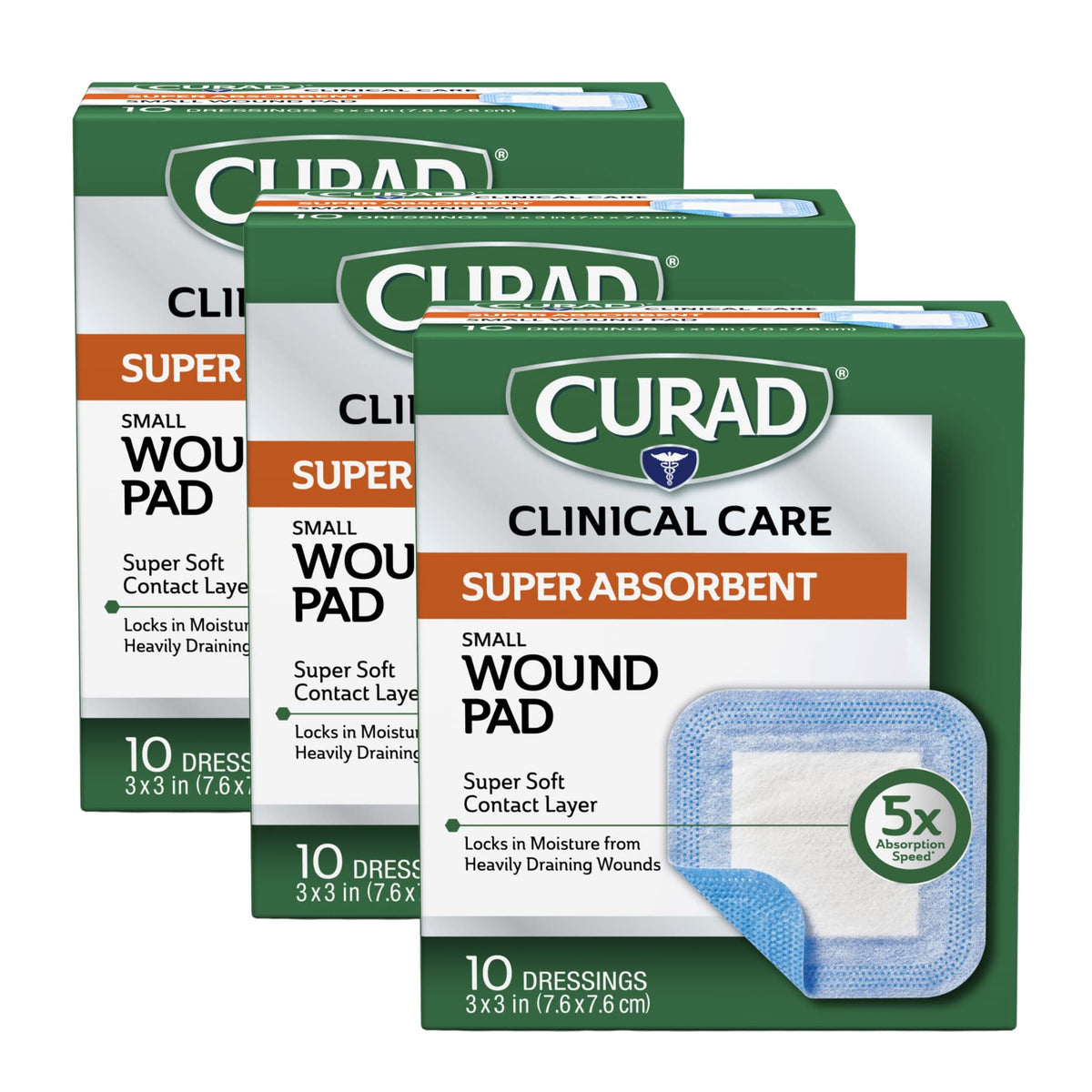 Curad Super Absorbent Wound Pad, Small, 3" x 3", 10 Count, 3 Pack