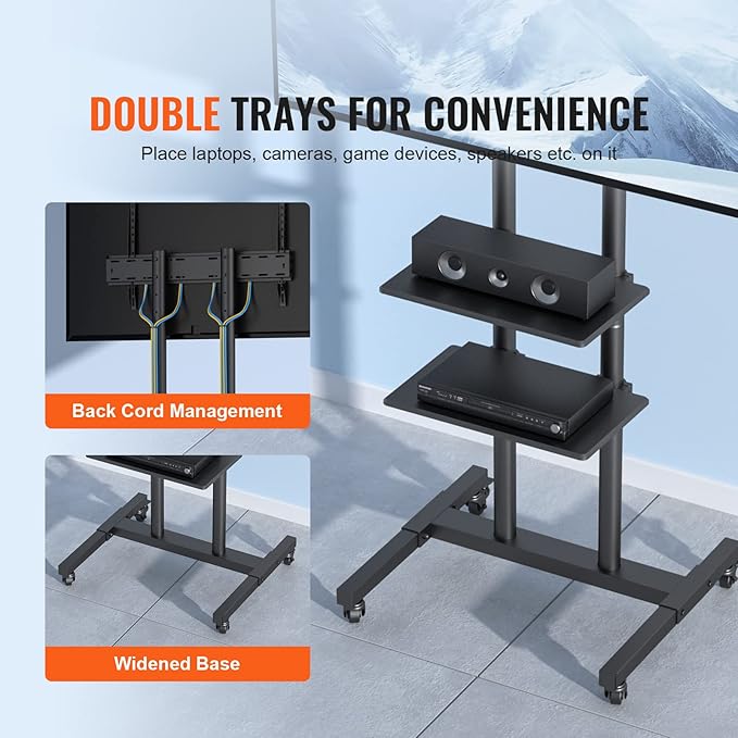VEVOR Mobile TV Cart for 32 to 70 inch TVs, Height Adjustable Portable TV Stand with Wheels and Double Tray for Audio-Visual Devices, Rolling TV Stand for Living Room