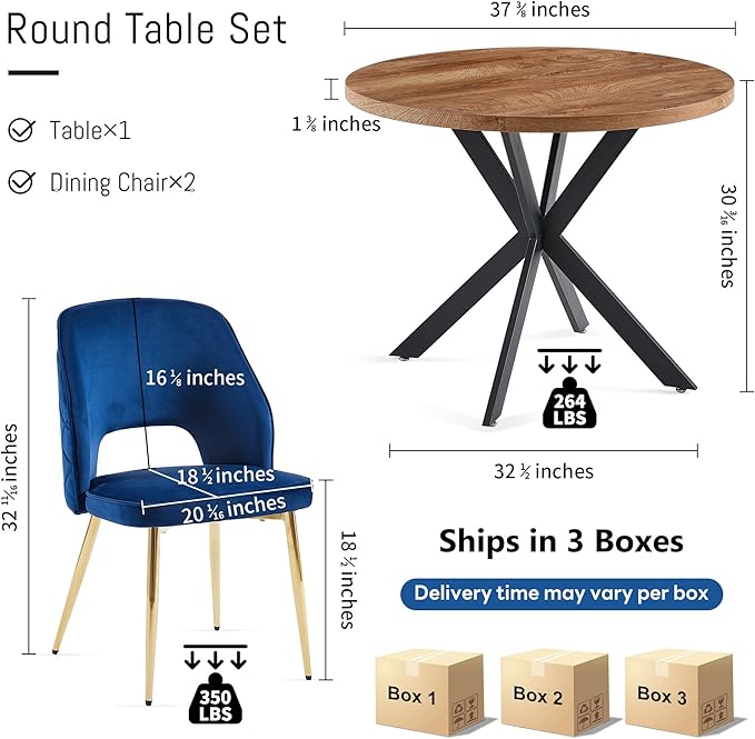 NORDICANA 3-Piece Dining Table Set for 2 - Space Saving 37-Inch Round Table and Chairs, 2 Seaters Dining Set with Upholstered Dining Chairs (Navy Blue)