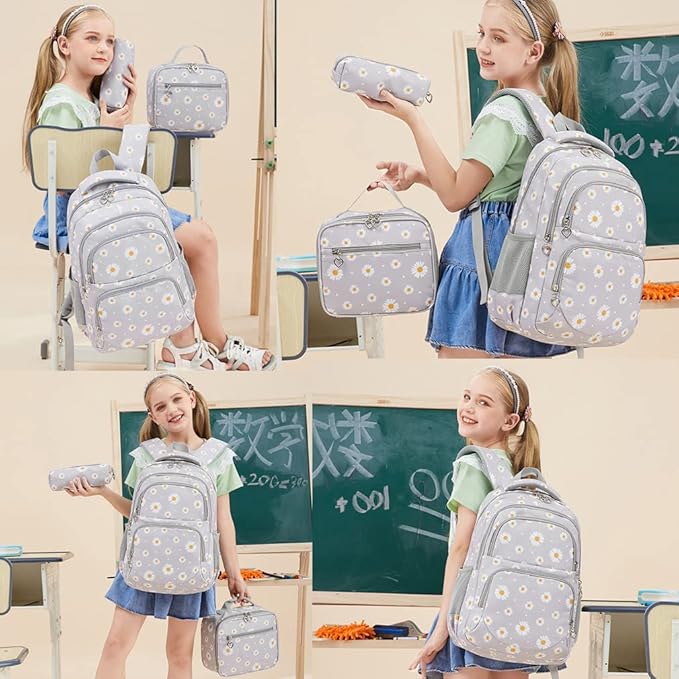 YJMKOI 3Pcs Daisy Prints Backpack for Girls Middle-School Elementary Students Bookbag Set with Lunch Box (Pink)