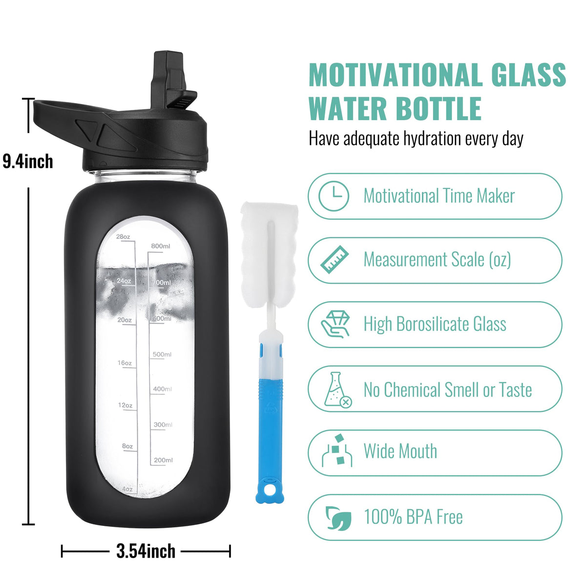 CIVAGO 40 oz Glass Water Bottle with Straw and Handle, Large Sports Motivational Water Bottle Flask with Time Marker and 2 Lids, Leakproof Water Jug Canteen with Silicone Sleeve for Gym, Red