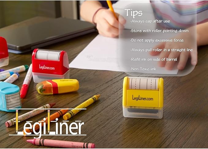 LEGILINER 1/2" Double Stack Dashed Handwriting Line (Yellow) Teacher Stamp – Two Tri-Line Dashed Patterns. Classroom & Home Use. Refillable Ink Writing Practice Double Line Roller Stamp.