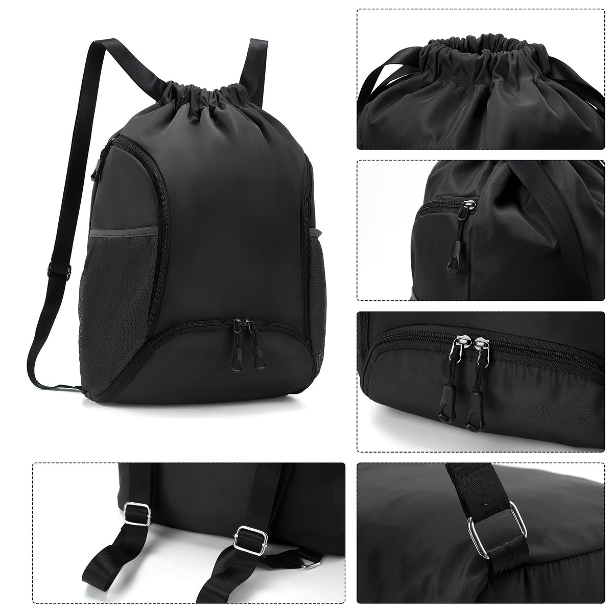 Valleycomfy Sports Gym Bag Drawstring Backpack with Shoes Basketball Bag and Two Water Bottle Holder,Black